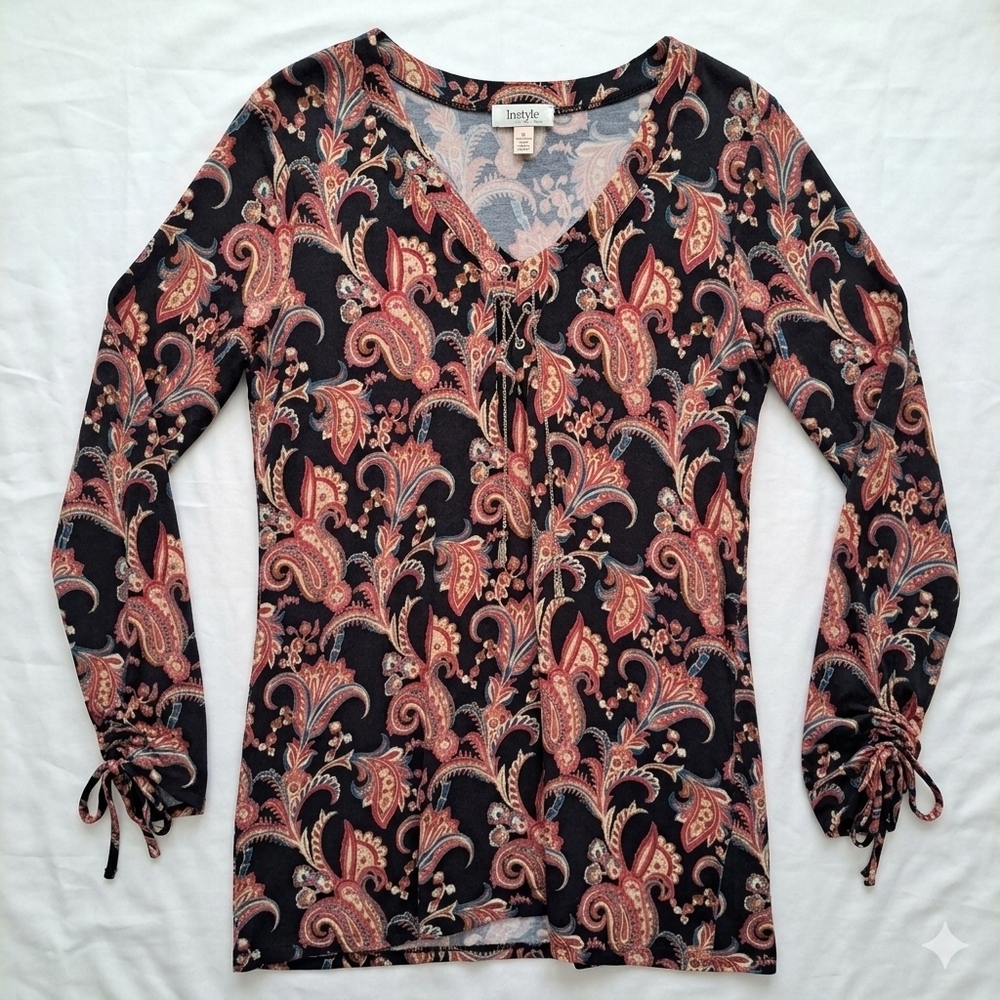 Dress Barn Dark Navy and Red Paisley Top Women's Large #209